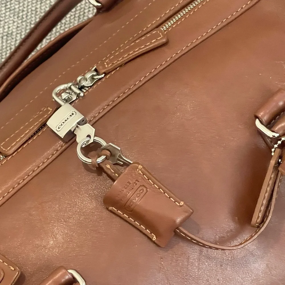 Coach Heavy Brown Leather Travel Duffel Bag with Coach Lock and Key - Picture 3 of 16